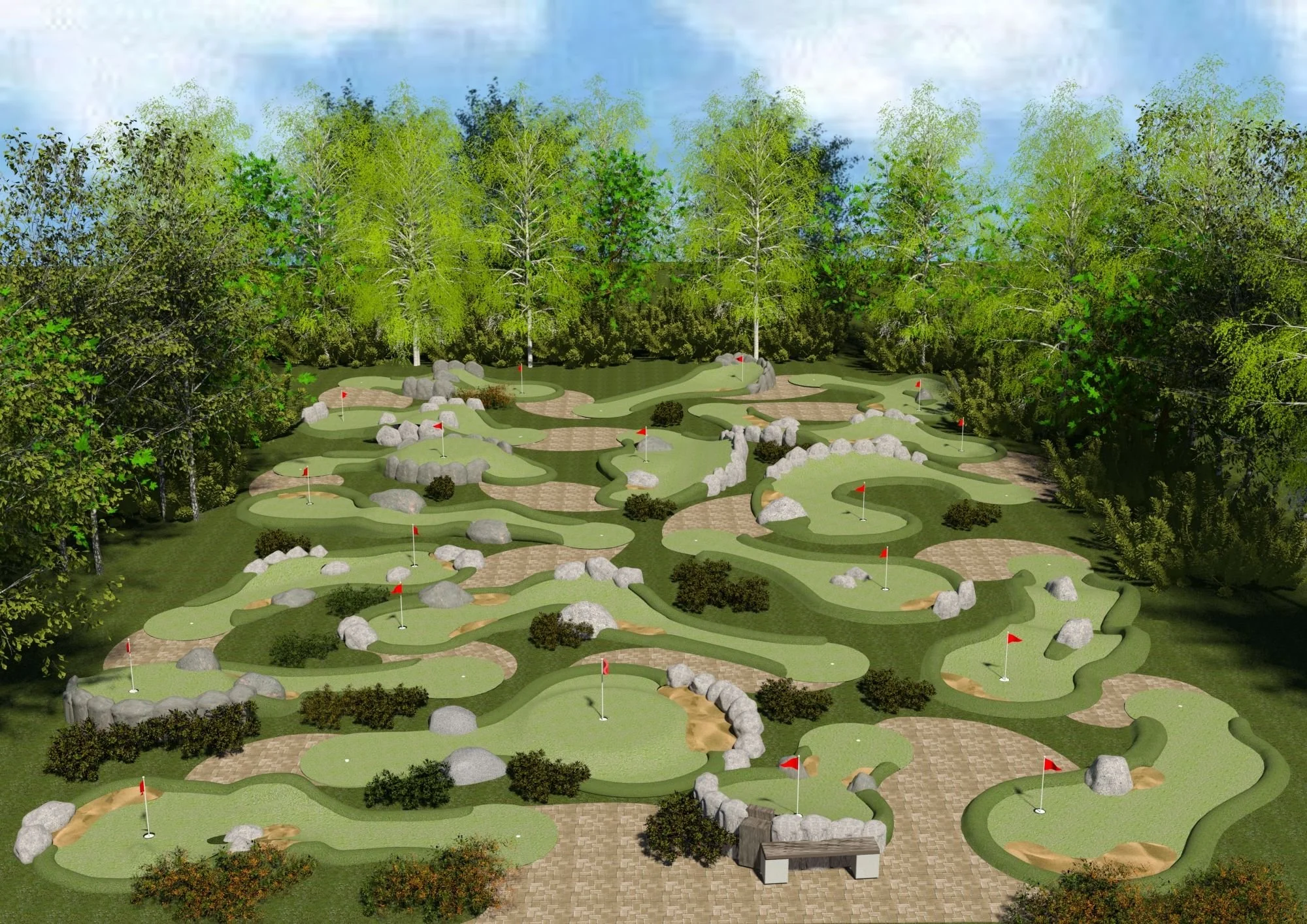 A miniature golf course surrounded by trees, rocks, and bushes, with multiple holes marked by small red flags and a small building at the front.