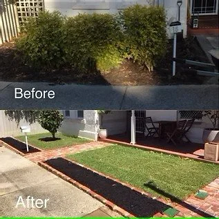 Comparison of a yard before and after landscaping. The 'before' image shows overgrown bushes, while the 'after' image features a manicured lawn with new edging and mulching.