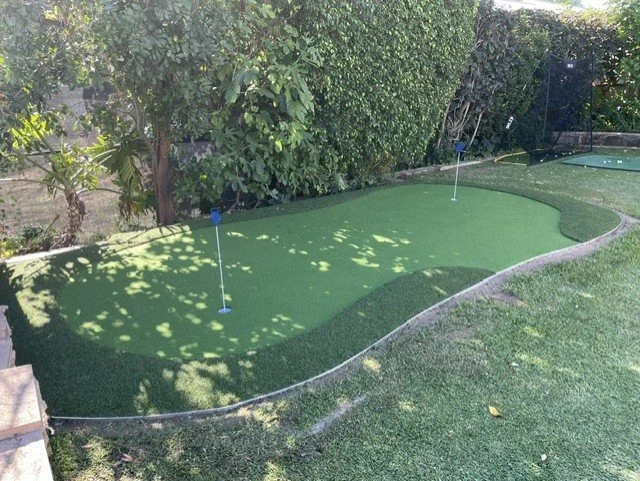 Miniature golf course with a putting green, two holes with flags, surrounded by a low border and hedges in the background.