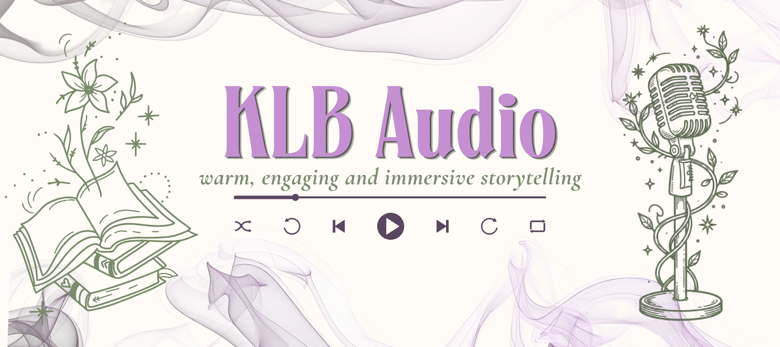 A digital graphic promoting KLB Audio, featuring a purple and green color scheme, with illustrations of a microphone entwined with vines on the right, an open book with flowers on the left, and navigation symbols at the bottom, along with the tagline 'warm, engaging and immersive storytelling' below the logo.