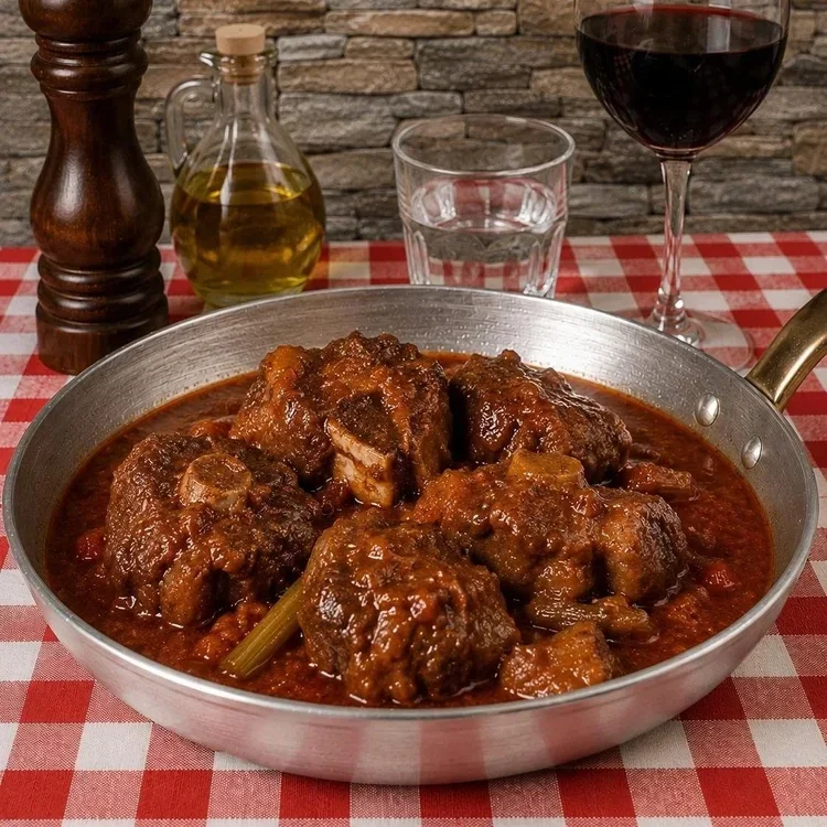 Piatti di carne in umido con salsa di pomodoro serviti in una padella di metallo, con bicchiere di vino rosso e acqua, sul tavolo con tovaglia a scacchi rossi e bianchi, sfondo con parete di pietra.