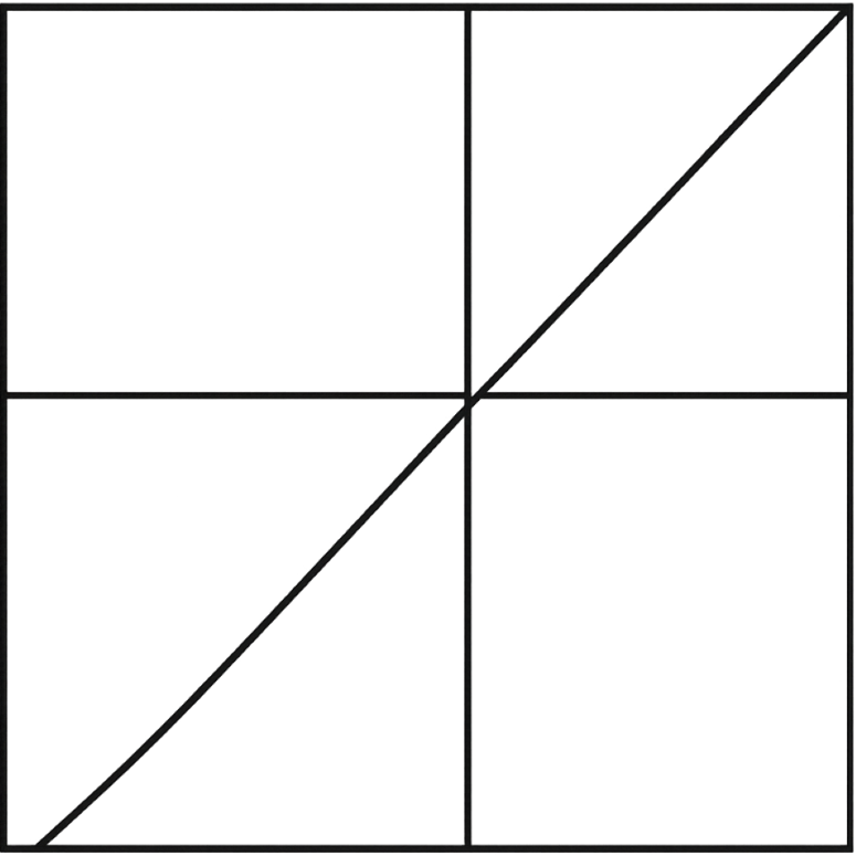 Un dessin géométrique d’un carré dont les sections sont divisées par des lignes verticales, horizontales et diagonales.