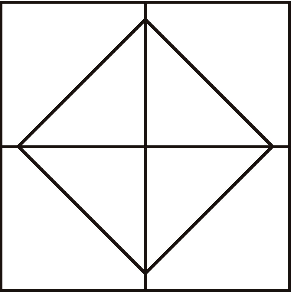 Un dessin géométrique d’un carré dont les sections sont divisées par des lignes verticales et horizontales et des cercles.