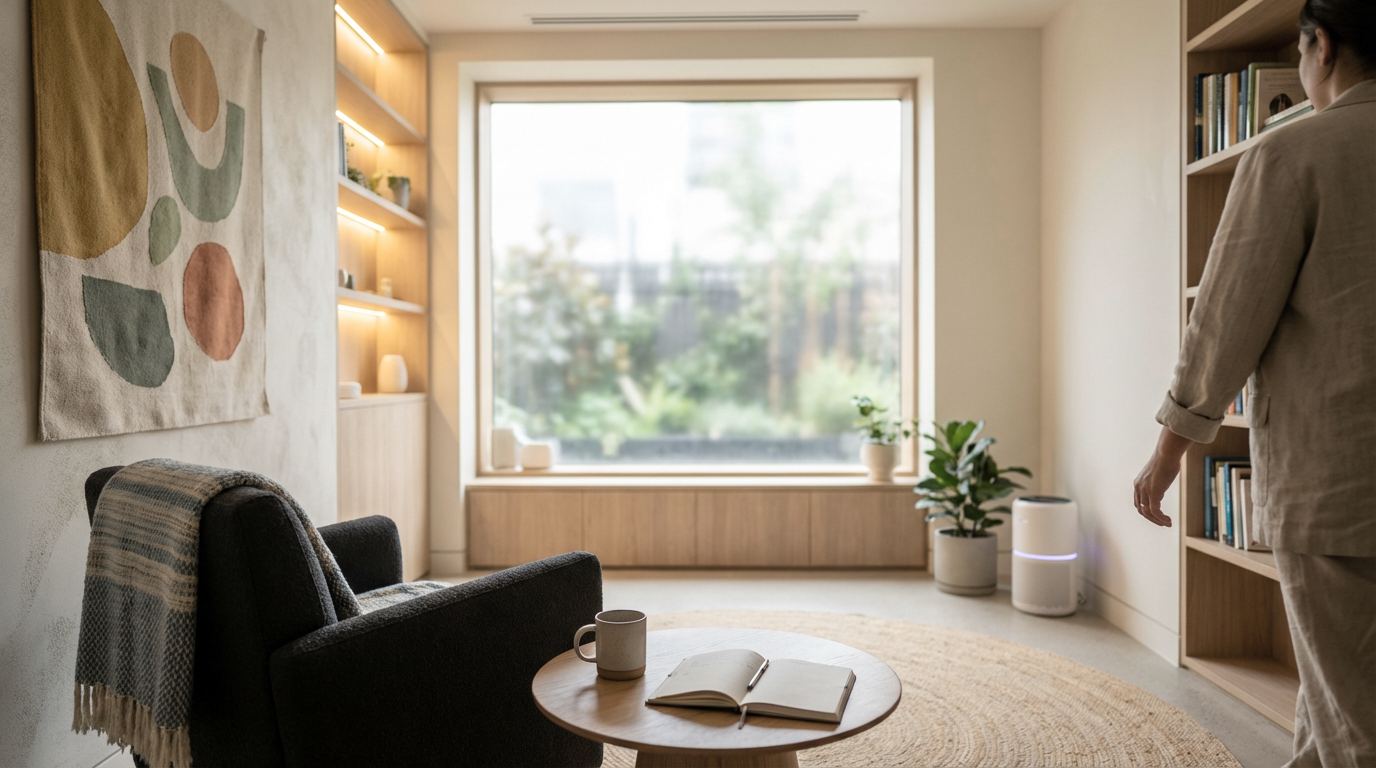 A cozy living room with a large window, a black armchair with a blanket, a round wooden coffee table with an open book and a mug, built-in shelves with decor, a potted plant, and an air purifier, with a person partially visible on the right.