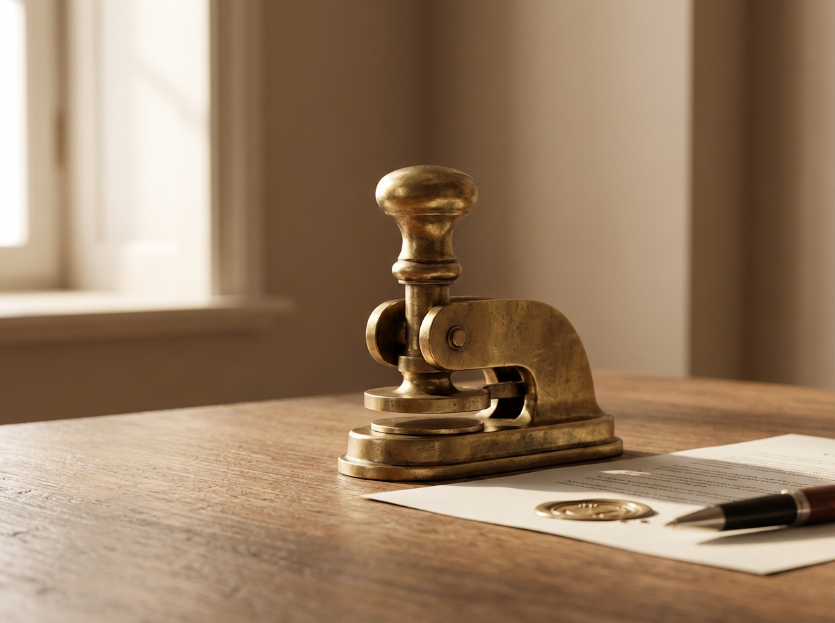 A vintage brass wax seal stamp, a document with a wax seal, and a pen on a wooden table near a window.