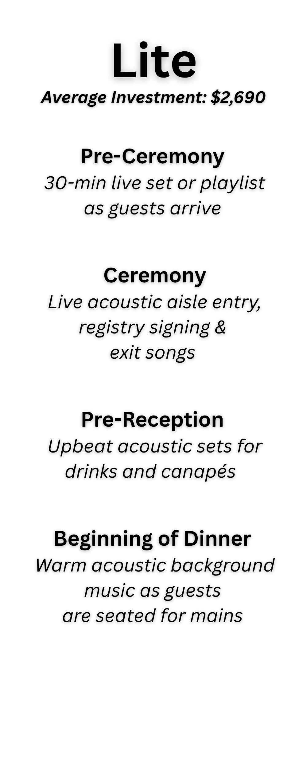 Event schedule for a wedding or celebration with stages for pre-ceremony, ceremony, pre-reception, and beginning of dinner, including music and guest arrangements.