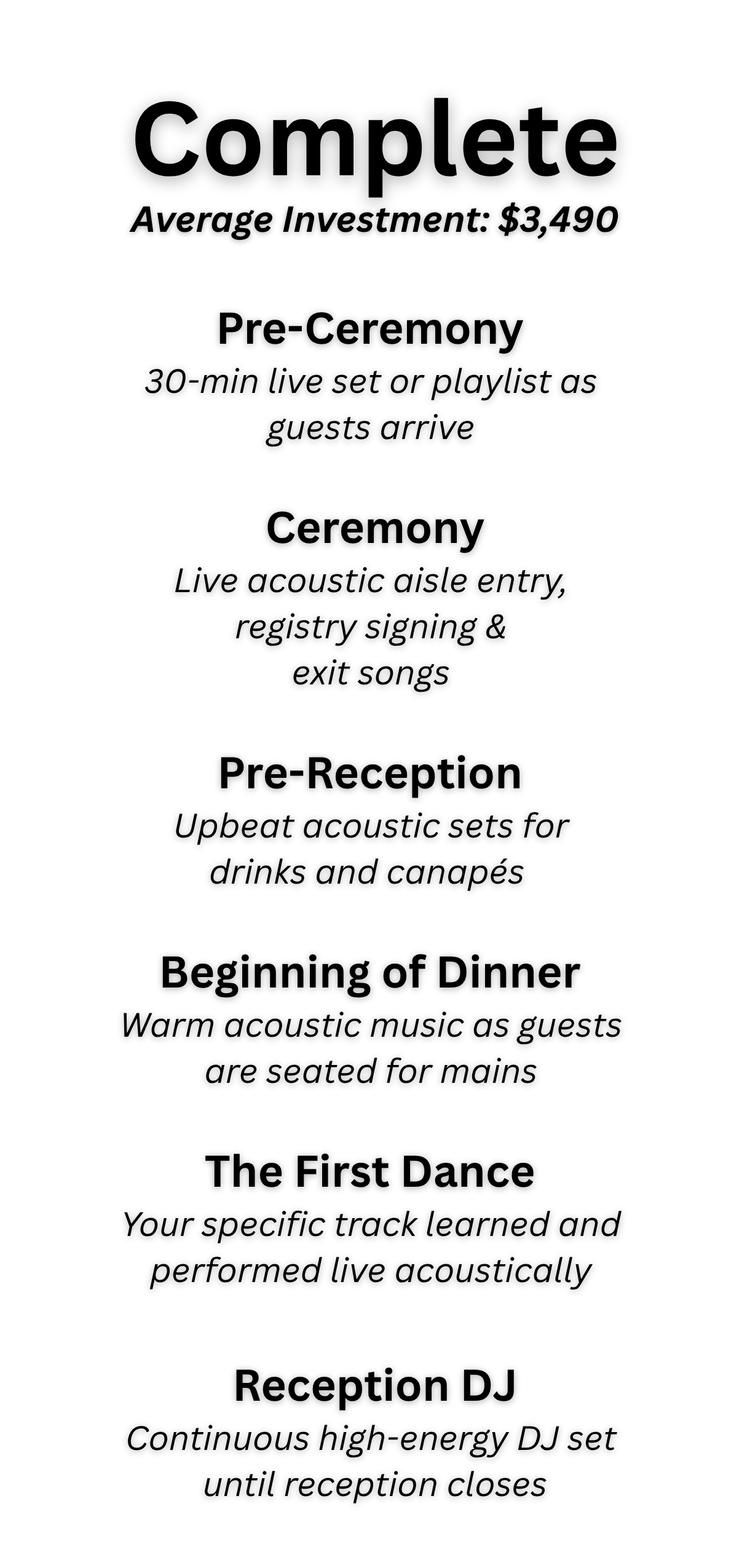 Event schedule listing stages of a wedding reception, including pre-ceremony, ceremony, pre-reception, beginning of dinner, first dance, and reception DJ with details of activities and entertainment.