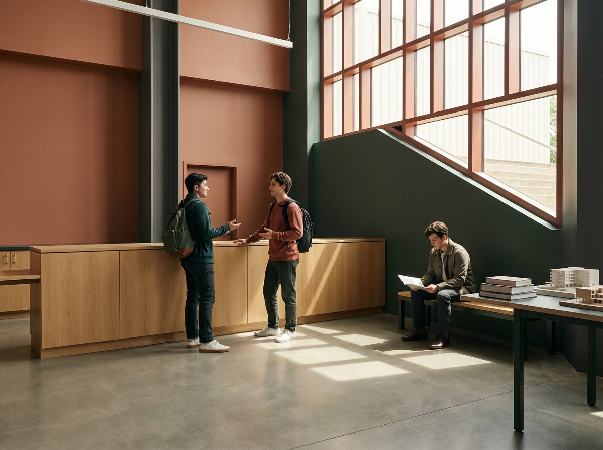 Two young men with backpacks standing and talking at a reception desk in a modern building lobby, while another young man sits on a bench reading a book, with a display of architectural models and books on a table nearby.