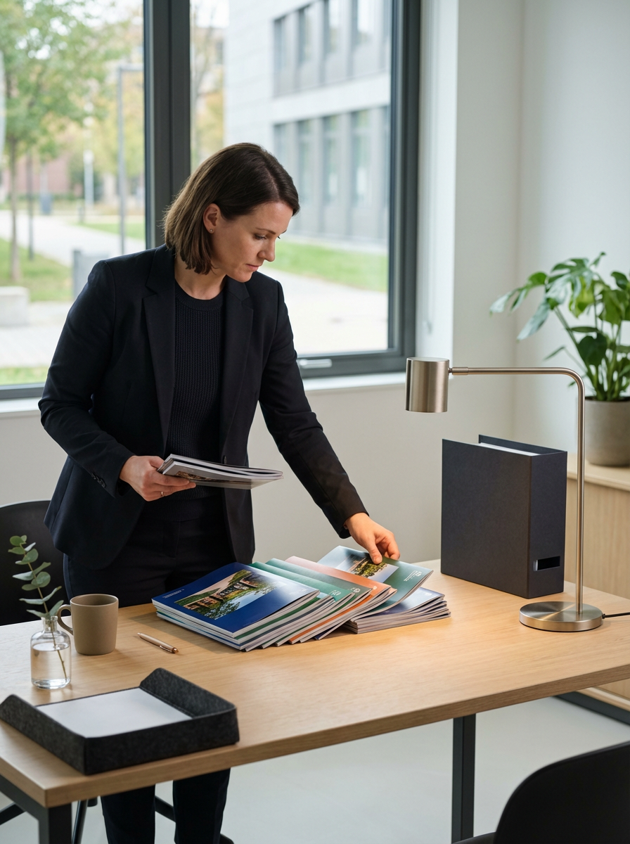 A woman in a black business suit sorting through printed materials on a wooden desk in a modern office with large windows, a potted plant, a black file tray, a coffee mug, a glass of water, and a desk lamp.