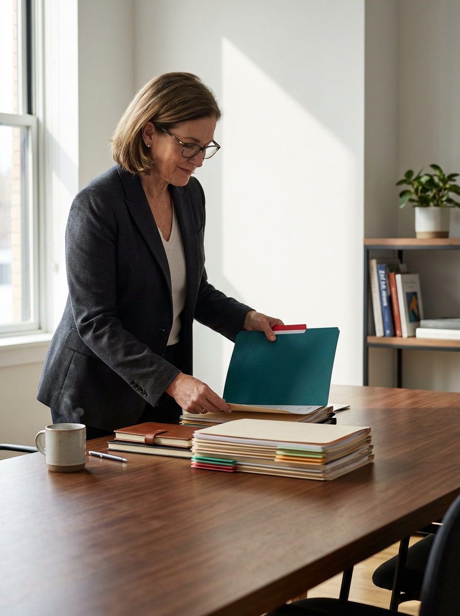 A woman in a dark blazer and glasses standing at a large wooden table, organizing folders and papers in an office with natural light from a window.
