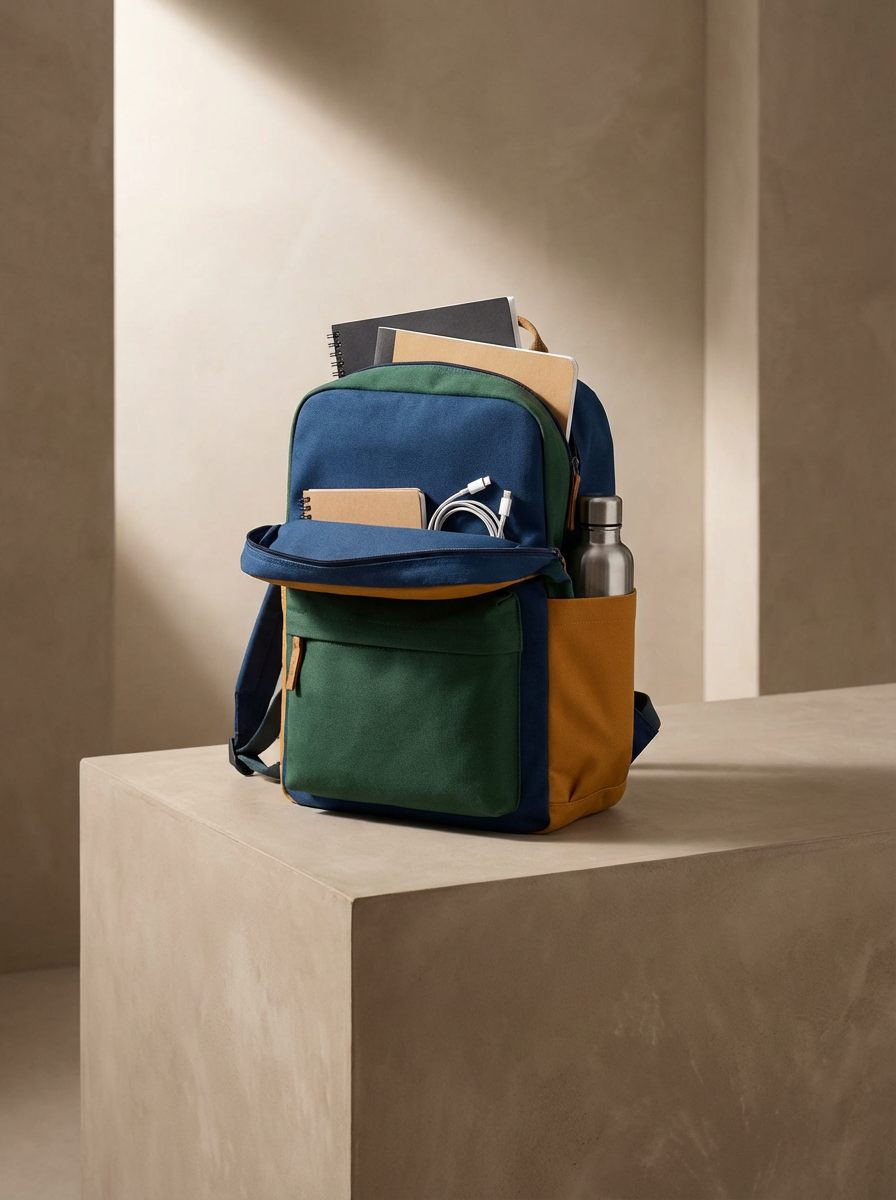 Colorful backpack on a beige pedestal, filled with notebooks, a water bottle, and charging cables inside.
