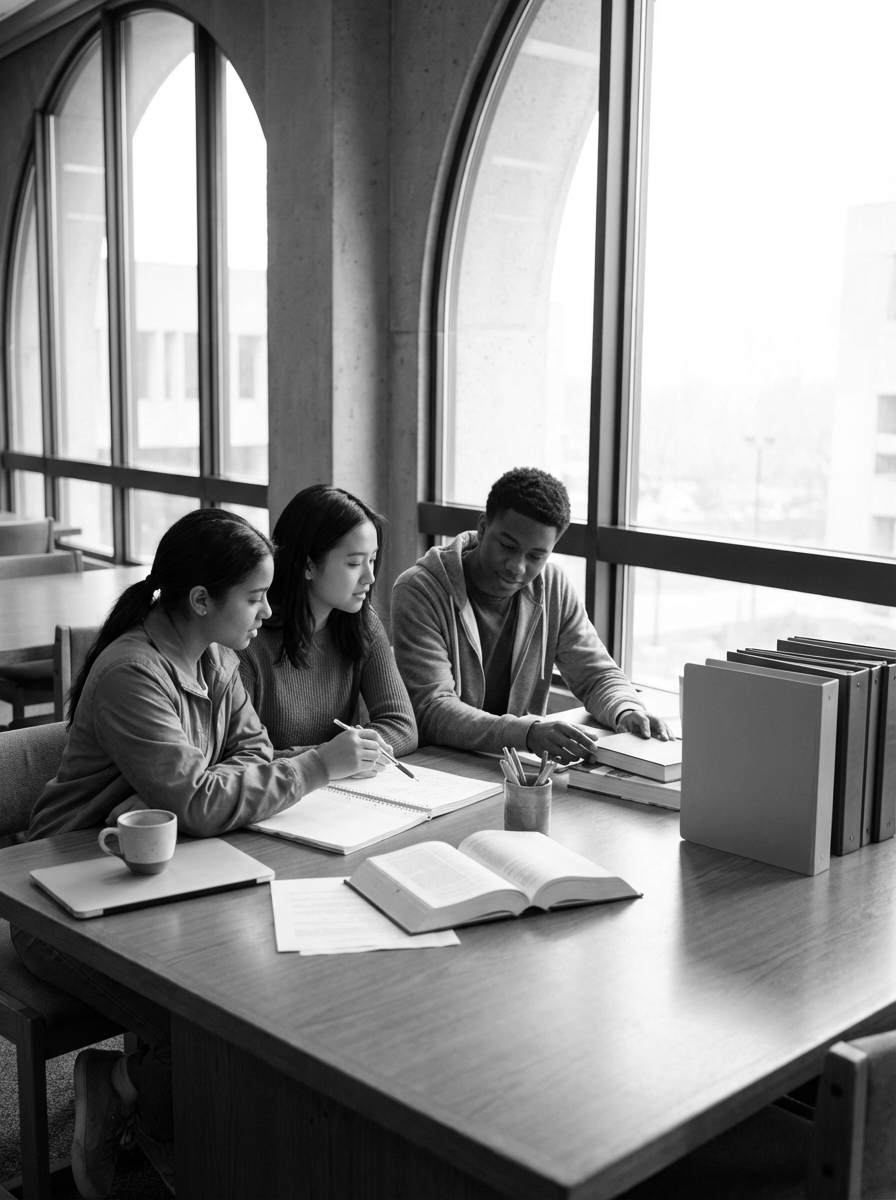 Master's and PhD candidates collaborating on graduate school application strategies and statement of purpose drafting for elite university admissions.