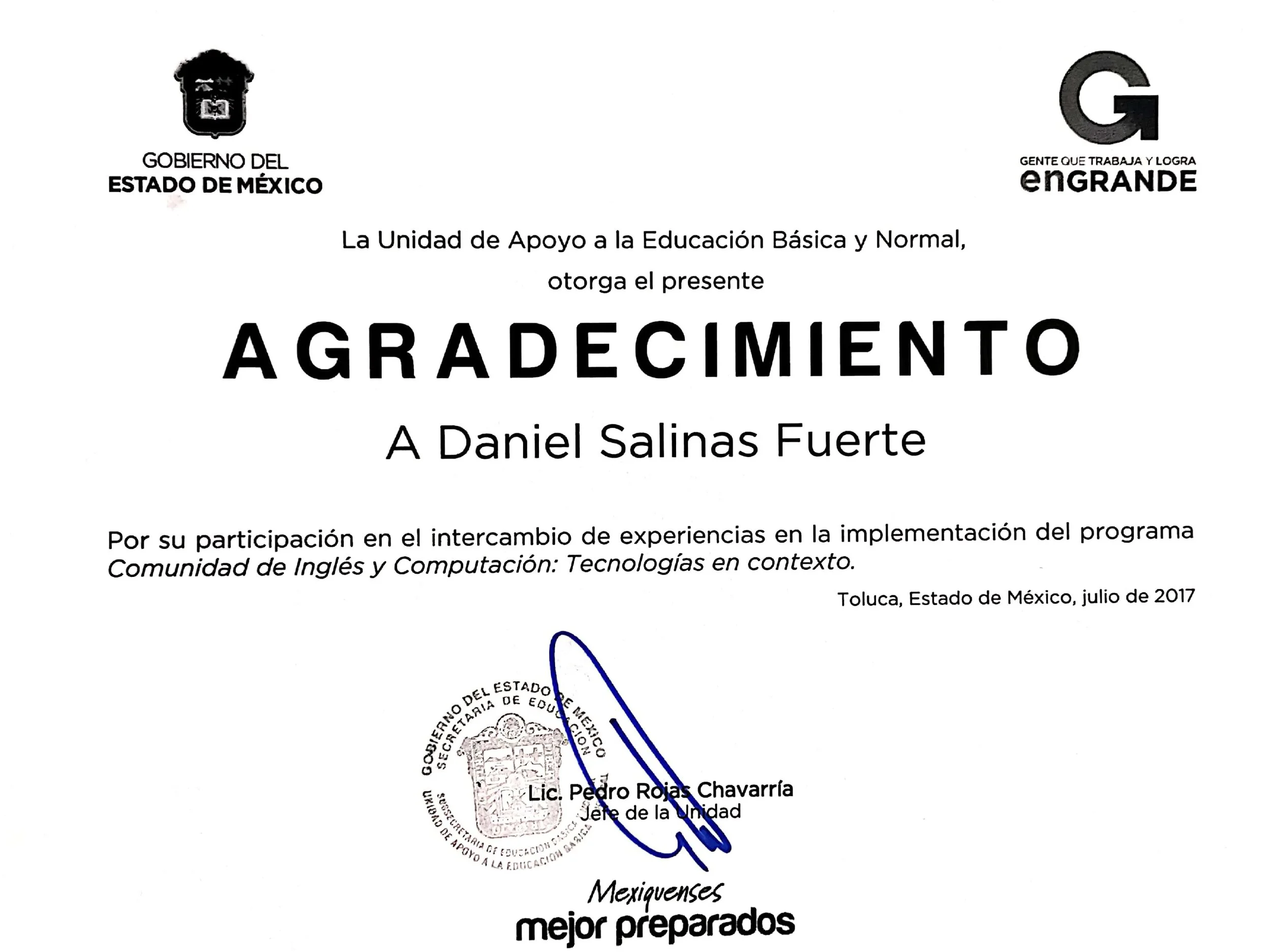 Certificado de agradecimiento dirigido a Daniel Salinas Fuerte, otorgado por la Unidad de Apoyo a la Educación Básica y Normal del Gobierno del Estado de México en julio de 2017, en Toluca, Estado de México.