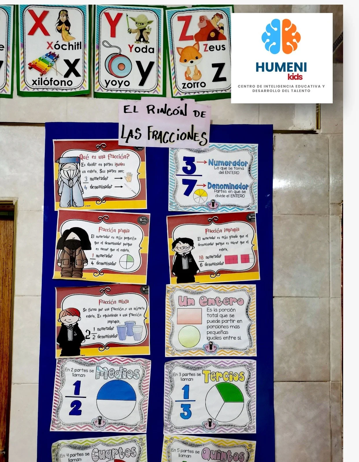 Carteles educativos sobre fracciones con ilustraciones y definiciones en español, en un cuaderno azul en una pared de una clase escolar, con una señal que dice "El rincón de las fracciones" y un logo de Humeni Kids.