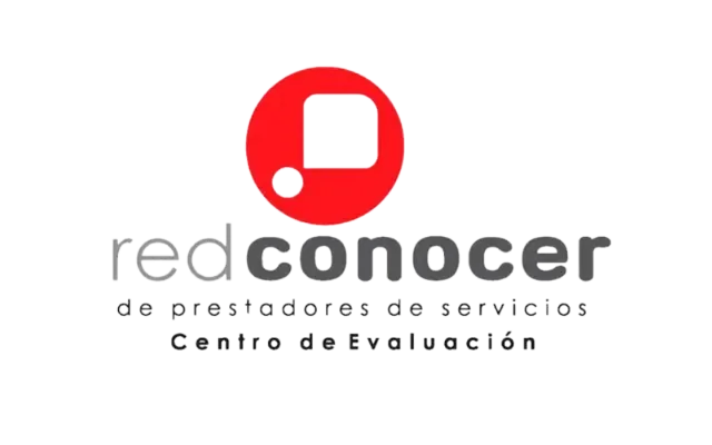 Logotipo que dice 'reconocer de prestadores de servicios Centro de Evaluación' con un símbolo circular rojo y un icono de dispositivo móvil en blanco y negro.