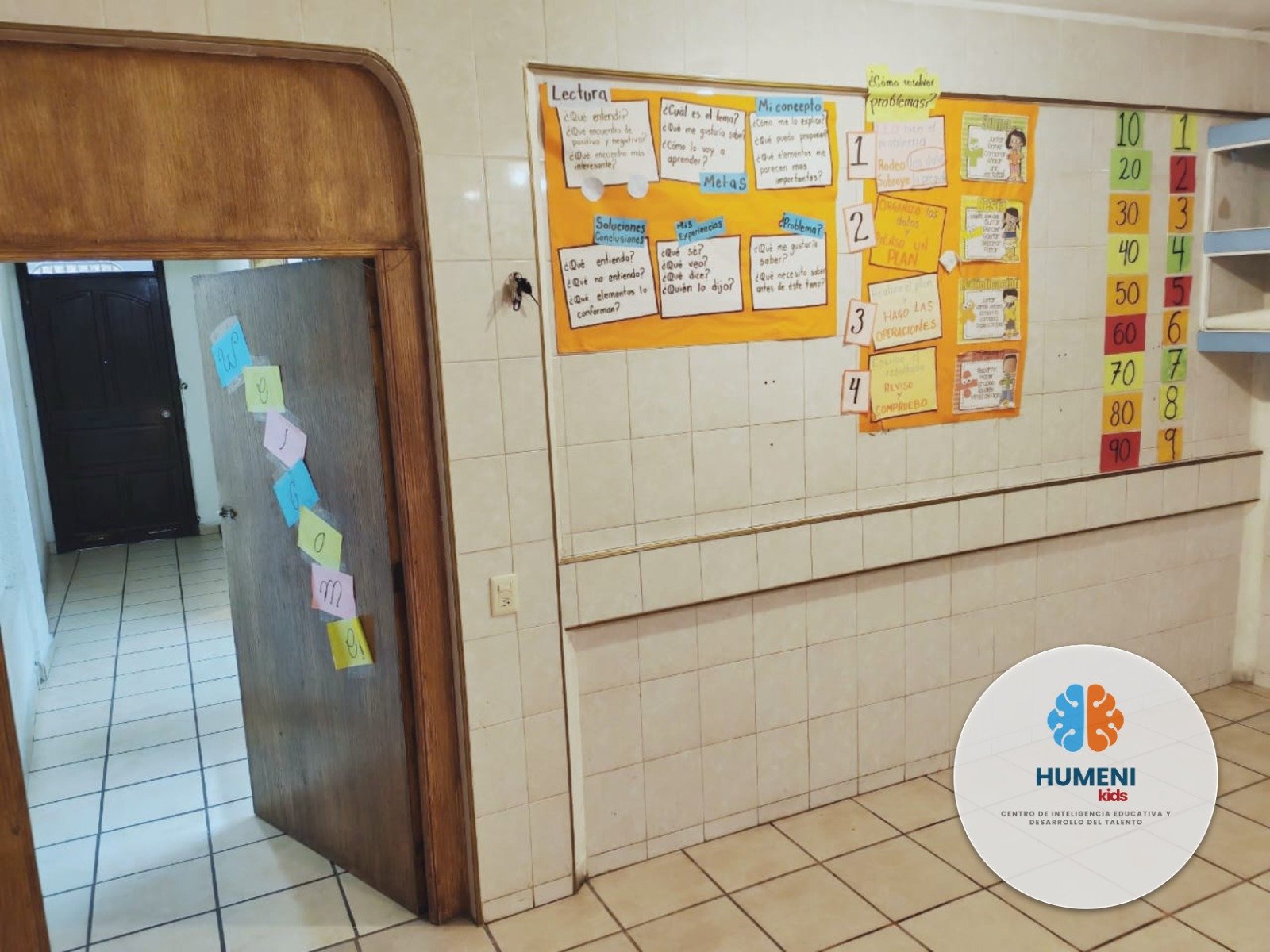Cartel escolar con actividades y metas en la pared, decoraciones en la puerta con letras de colores, y logotipo de HUMENI Kids en el piso.