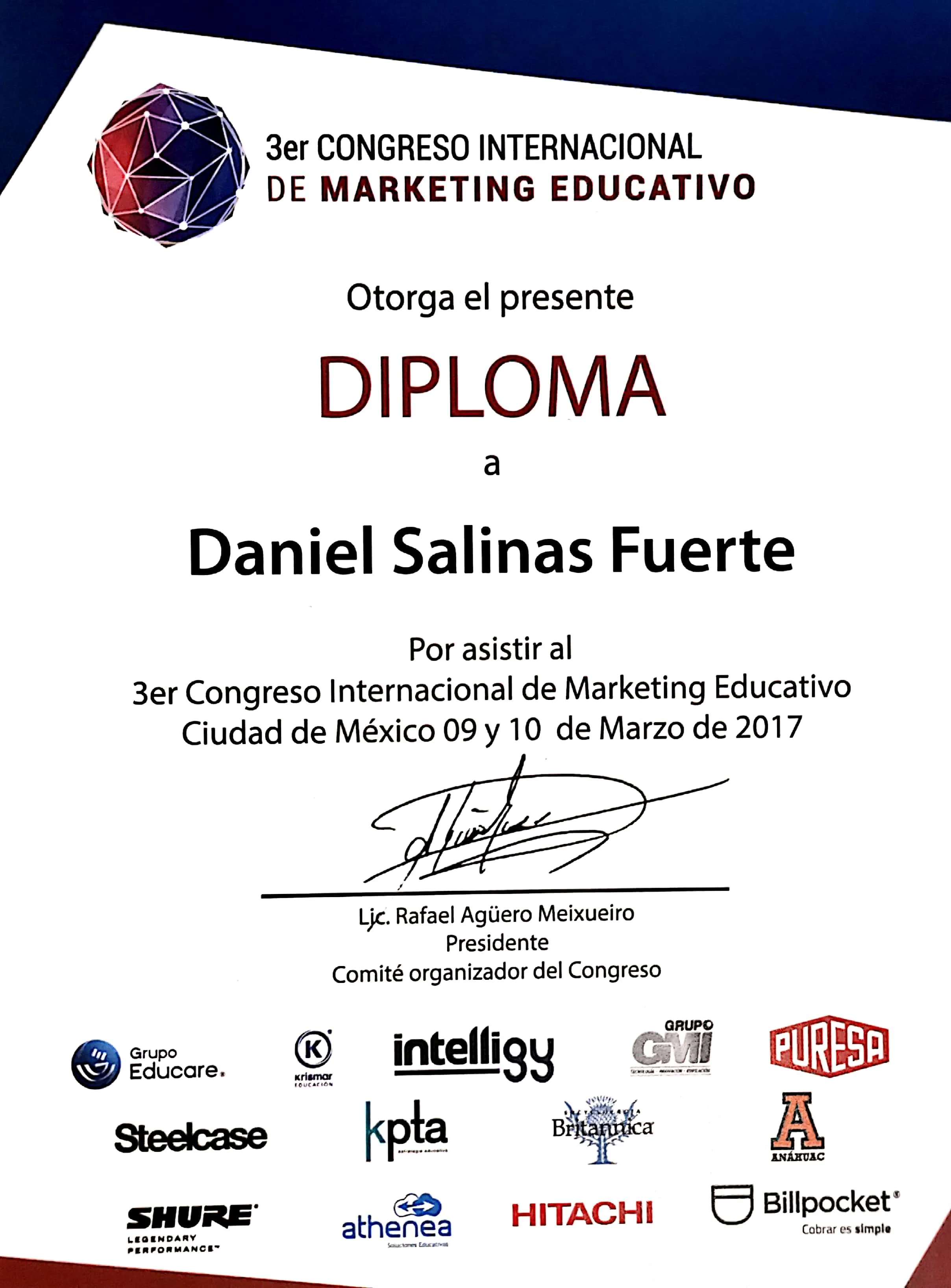 Diploma del 3er Congreso Internacional de Marketing Educativo en la Ciudad de México, con logos de patrocinadores como Grupo Educare, Intelligy, Británica, Puresa, Shure, Athenea, Hitachi, Billpocket y otros.
