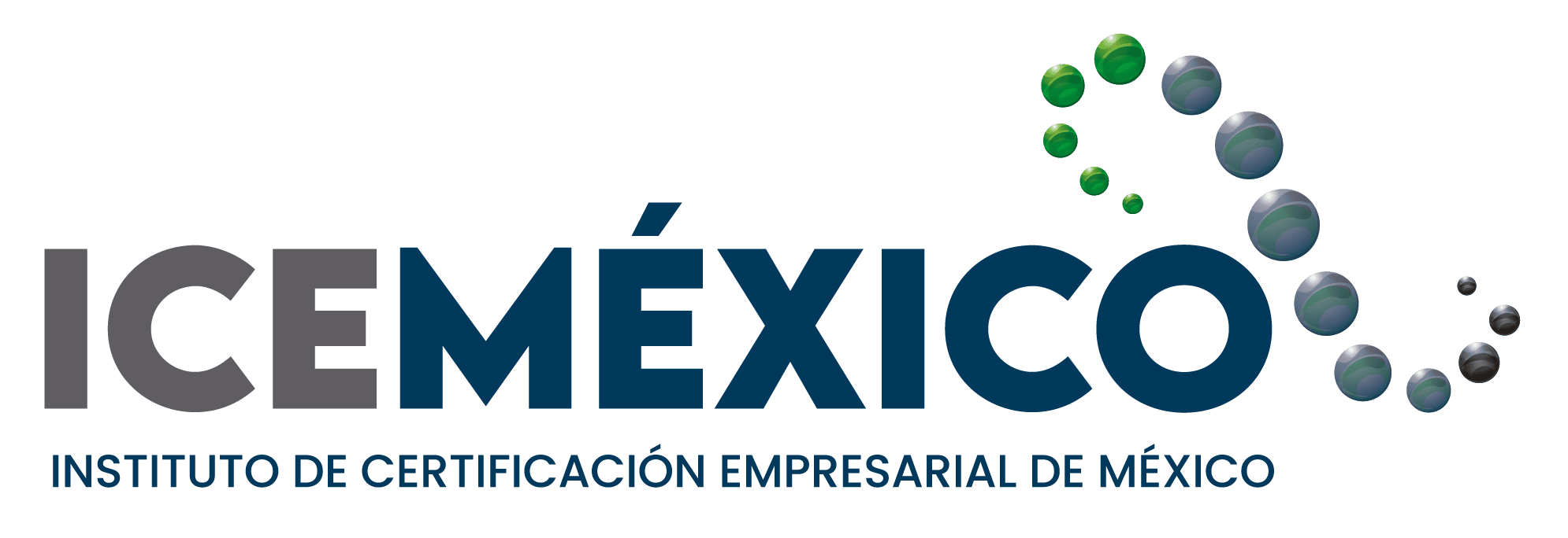 Logotipo del ICE MÉXICO, con el texto en letras grandes y un diseño de burbujas de diferentes tamaños y colores verdes, grises y negros, formando una figura curva a la derecha; debajo, en letras azules, se lee 'INSTITUTO DE CERTIFICACIÓN EMPRESARIAL DE MÉXICO'.