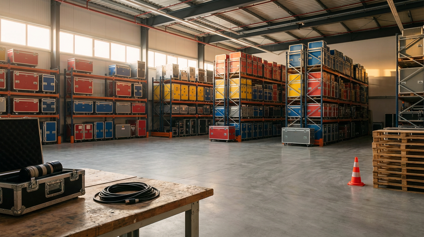 Empty warehouse with shelves stacked with colorful cases, some orange cones, wooden pallets, and equipment on a table.