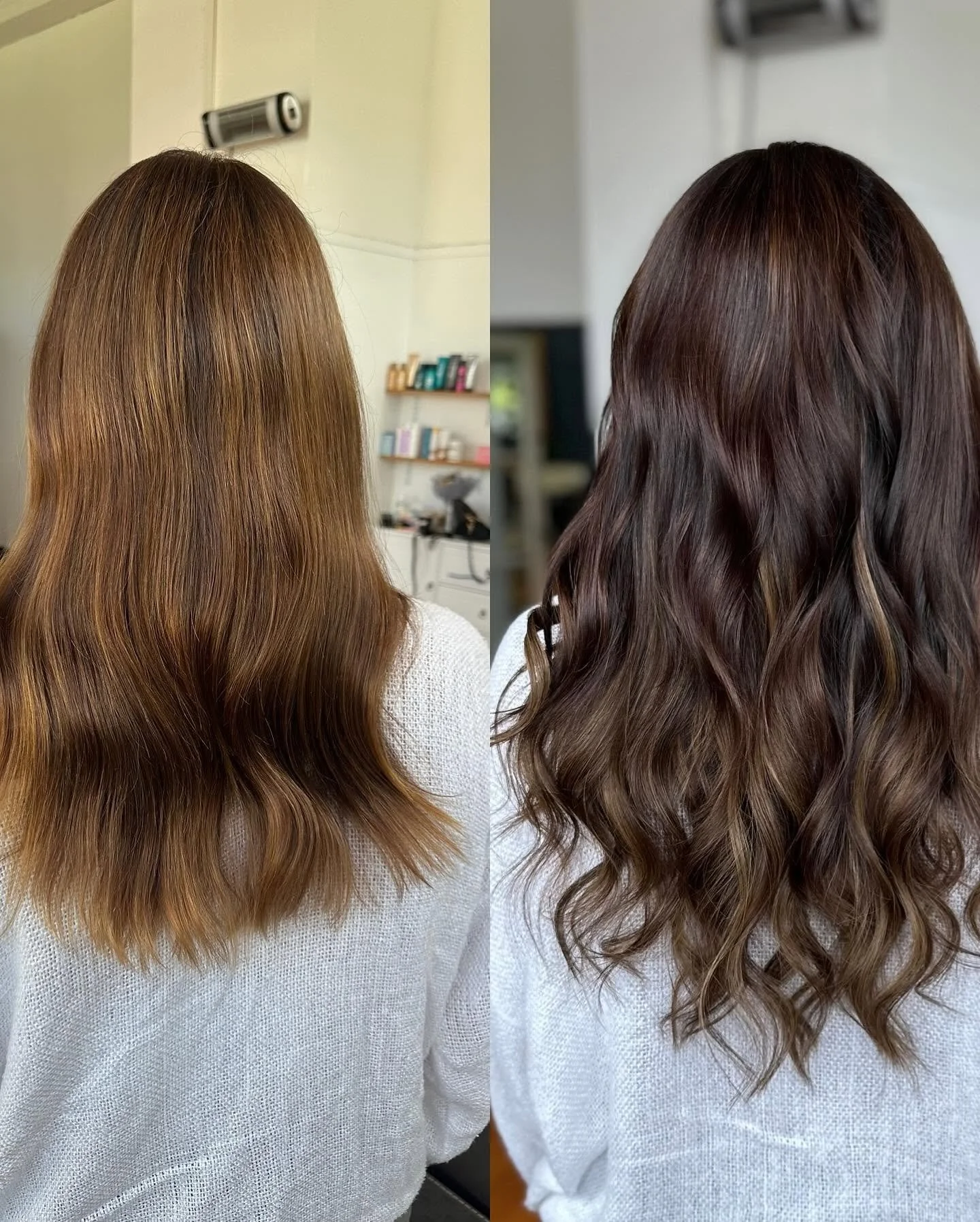 Side-by-side comparison of a woman's hair before and after a professional hair treatment, with the left showing lighter brown, straight hair and the right showing darker, wavy hair.