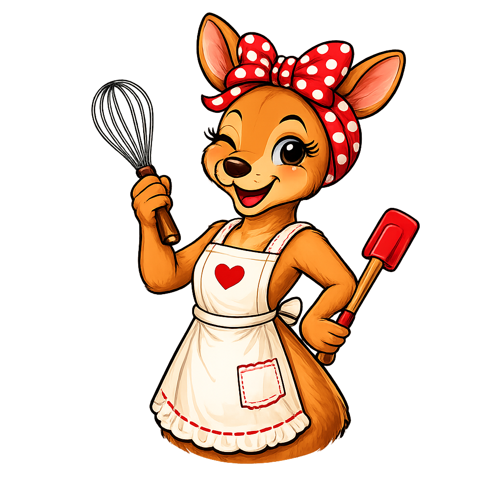 A cartoon anthropomorphic fox dressed as a baker, wearing a red polka dot headband, white apron with a red heart, and holding a whisk in one hand and a spatula in the other.