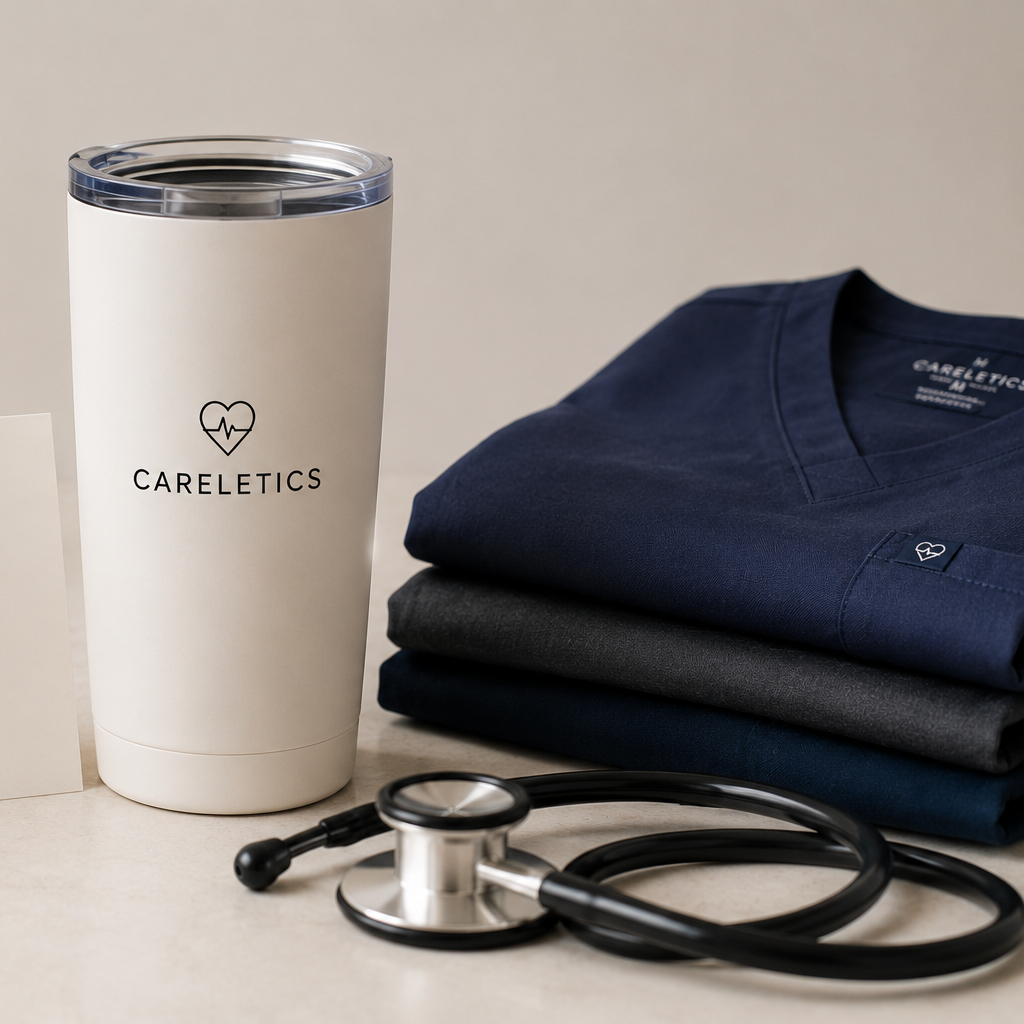 Careletics scrubs, and healthcare essentials.