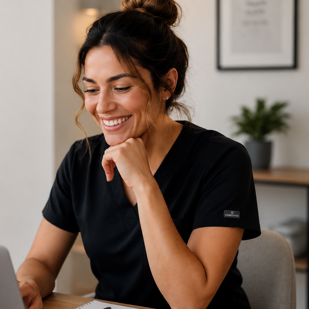 Healthcare professional using a laptop in Careletics scrubs.
