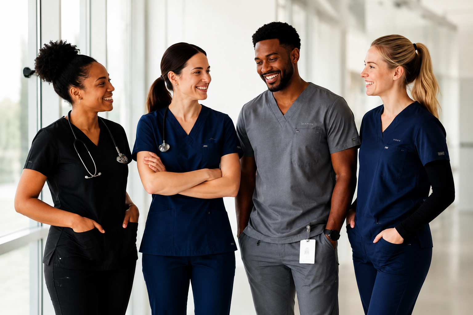 Healthcare professionals wearing medical scrubs together