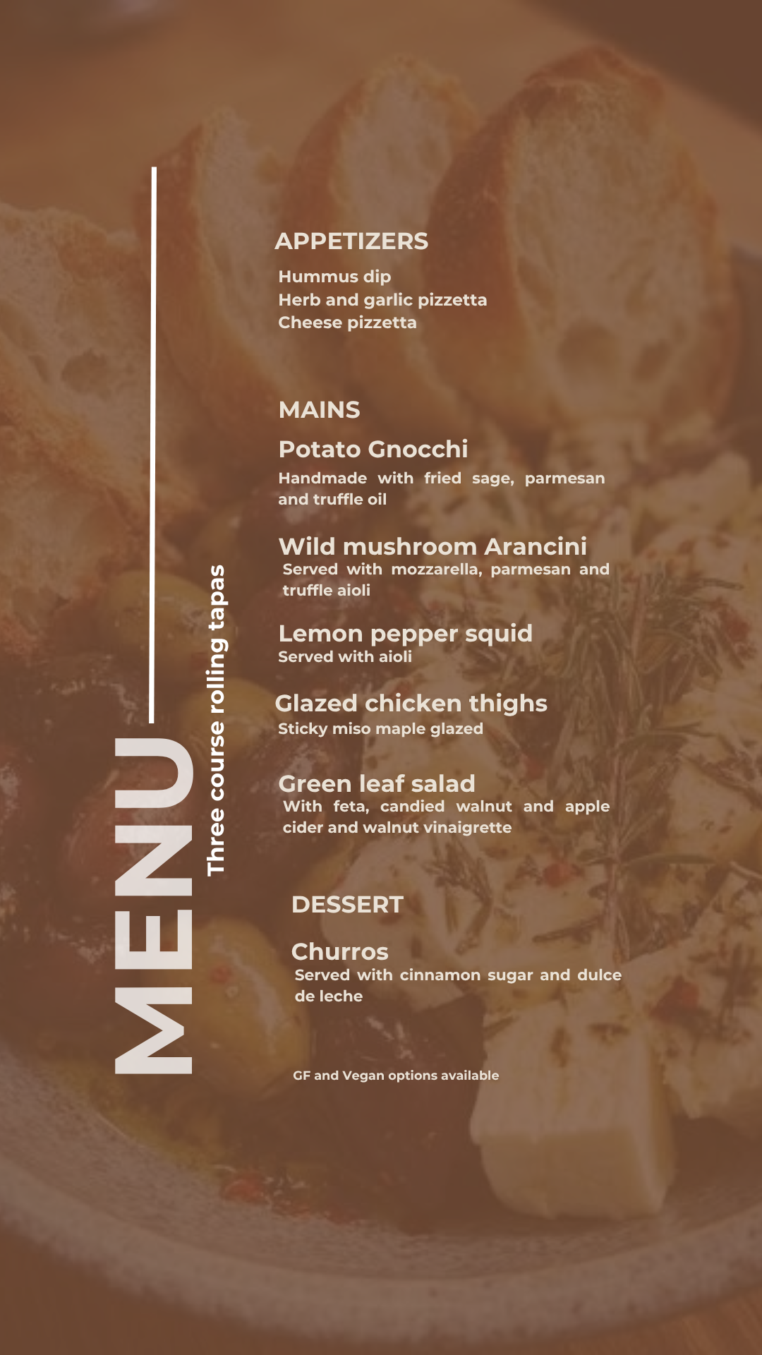 Event menu featuring appetizers, main courses, and dessert options, including hummus dip, herb and garlic pizzetta, cheese pizzetta, potato gnocchi, wild mushroom arancini, lemon pepper squid, glazed chicken thighs, green leaf salad, and churros