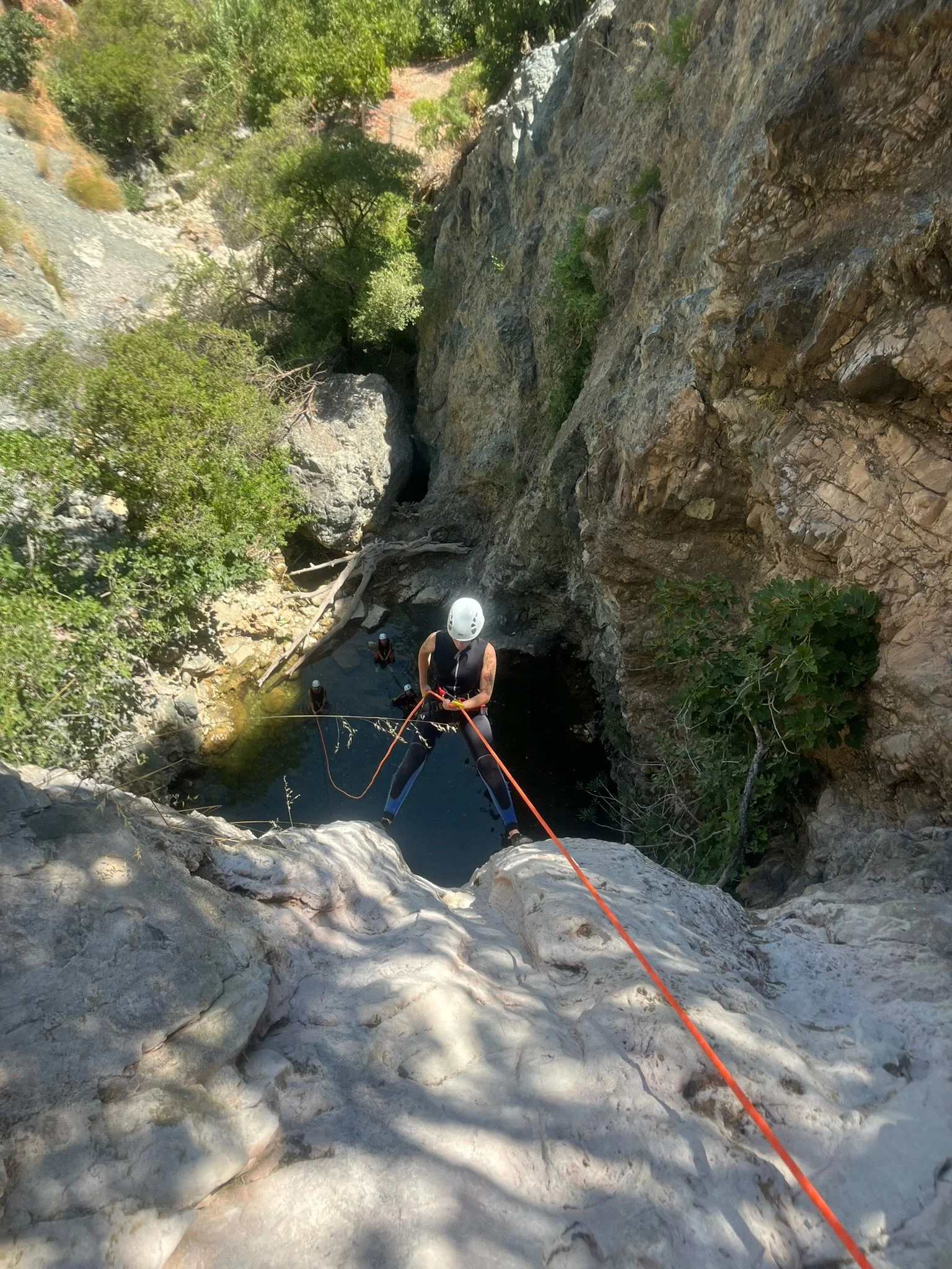 Personas con casco y arneses haciendo rápel en un cañón con paredes rocosas y vegetación a los lados