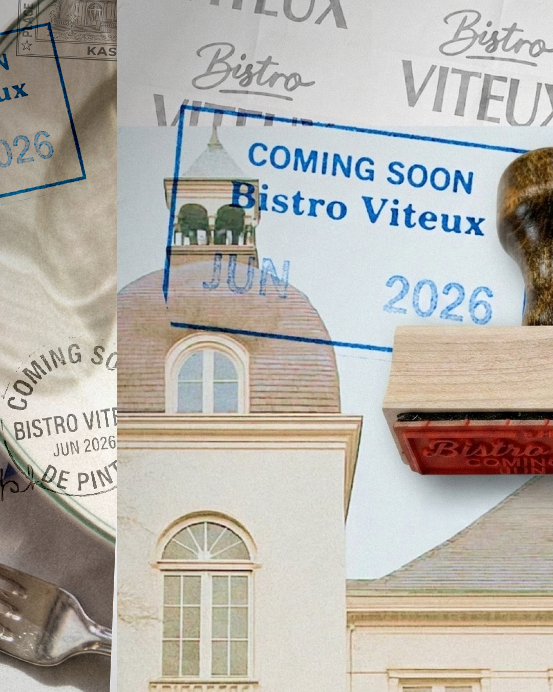 Posters en teksten voor een nieuwe Bistro Viteux die in juni 2026 opent, met een tekening van een gebouw met een toren en ramen, en een stempel met de tekst 'Coming Soon'.
