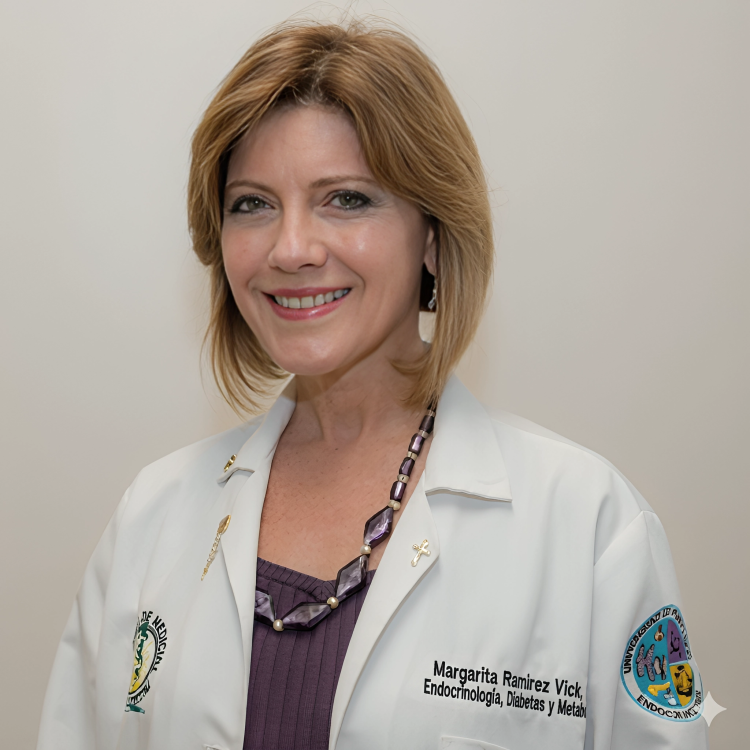 Margarita Ramirez Vick wearing a white coat with a badge, standing against a plain background, smiling at the camera.