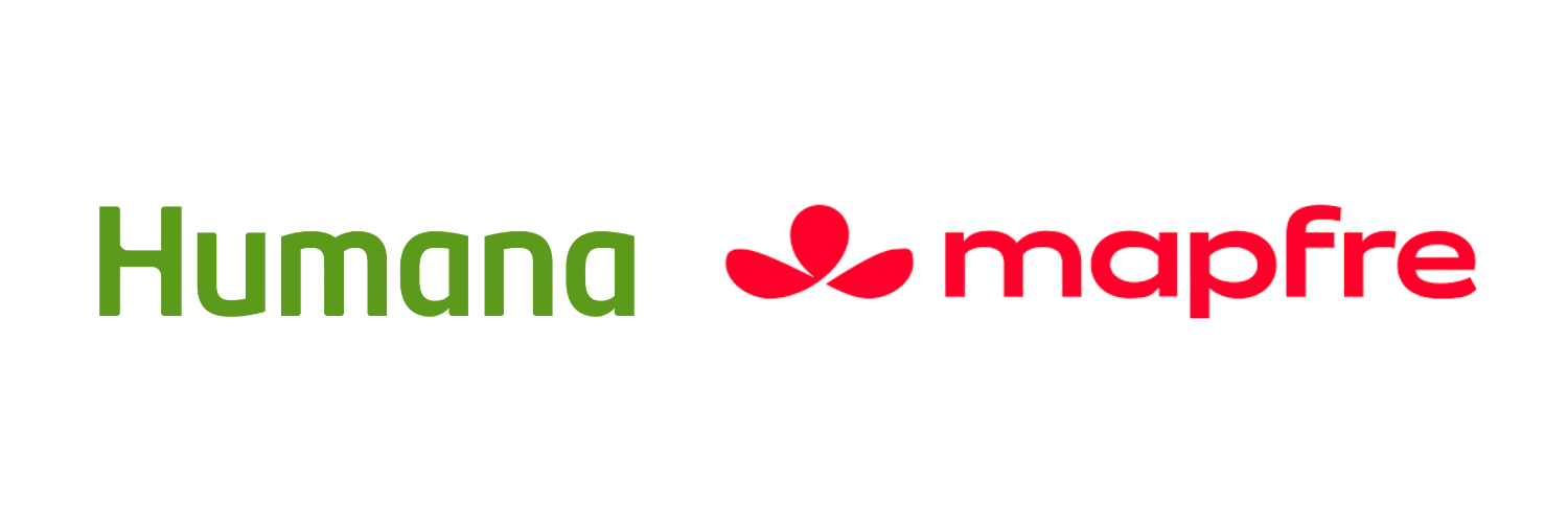 Humana and mapfre logos with a red flower icon between the words, black background.