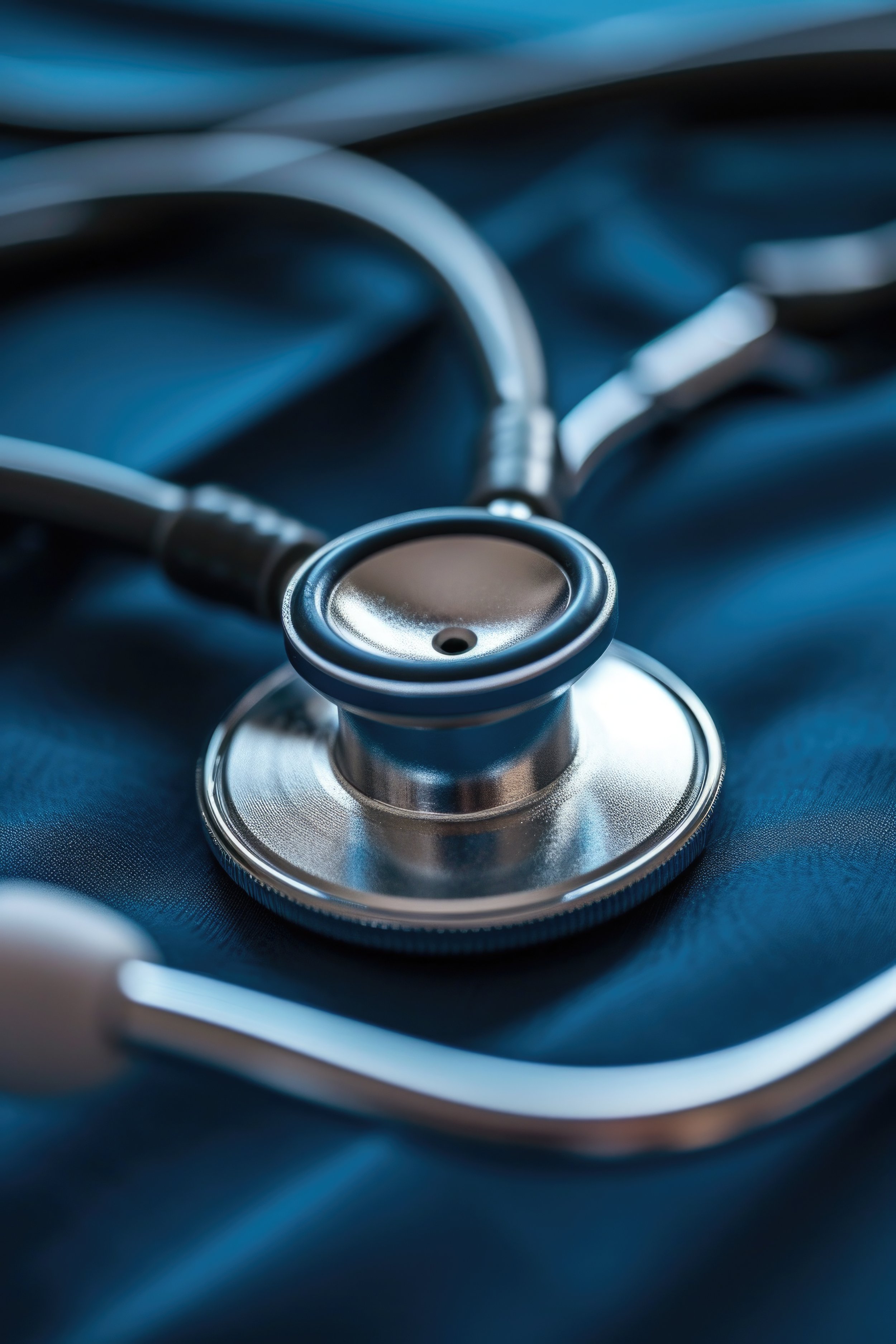 Close-up of a stethoscope resting on a dark surface.