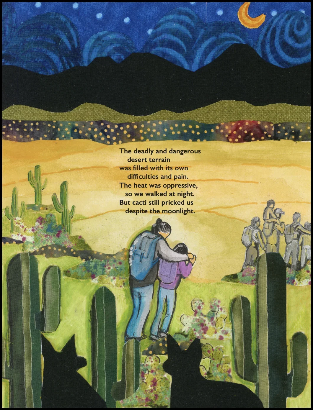 A colorful drawing of a desert landscape with cacti, mountains, and a night sky. In the foreground, two people with backpacks are walking together, and a group of hikers is visible in the distance. The image includes a poem about desert hardships and resilience.
