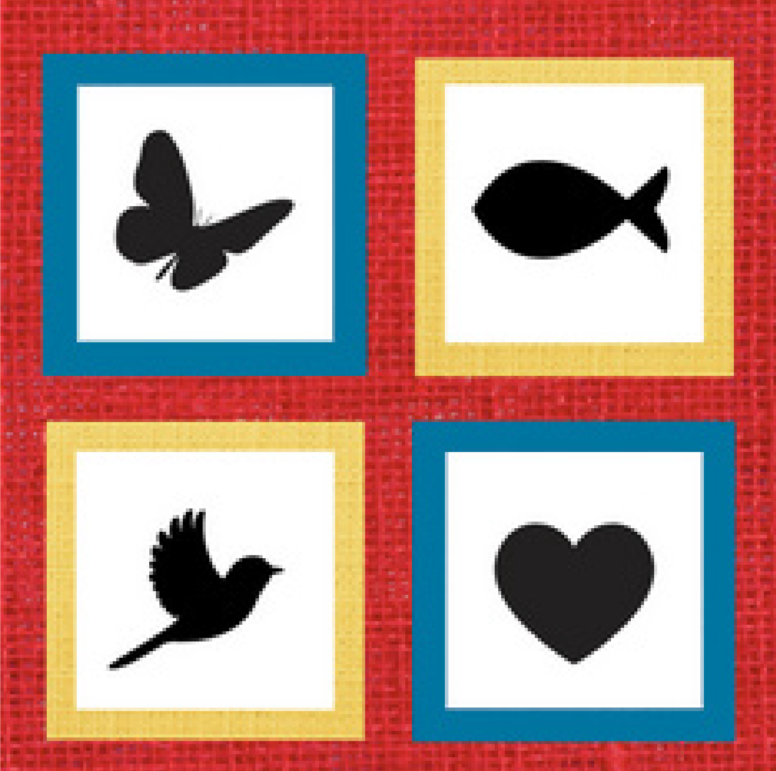 Silhouettes of a butterfly, fish, rooster, and heart in black, each within colorful frames on a red textured background.