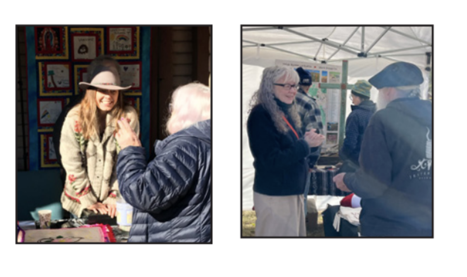 Two photos of women engaging in conversation at an outdoor event. The woman on the left in the first photo is wearing a hat and smiling, standing in front of a colorful quilt display. The woman on the right in the second photo has curly gray hair and glasses, wearing a dark jacket, and is smiling while talking with a man in a cap under a tent.