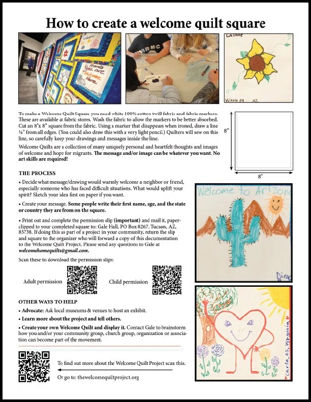 Instructions on how to create a welcome quilt square with examples of children's drawings, including a sunflower, a cactus, and a smiling face with colorful hair.