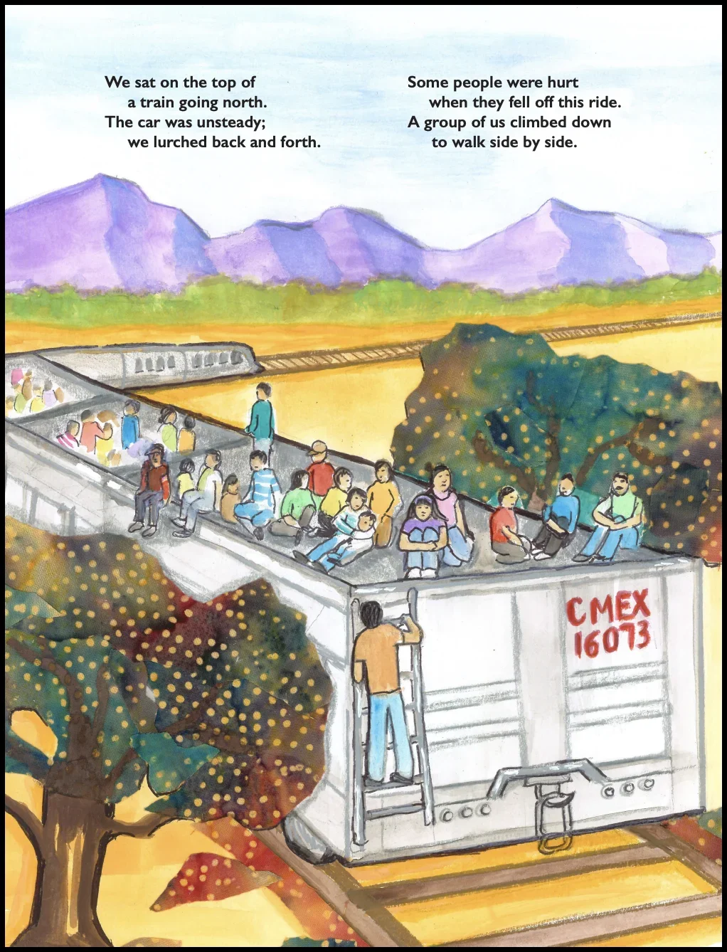 Children and adults sitting on top of a train car traveling through a scenic landscape of mountains and trees, with a train in the background and a poem describing a train ride.