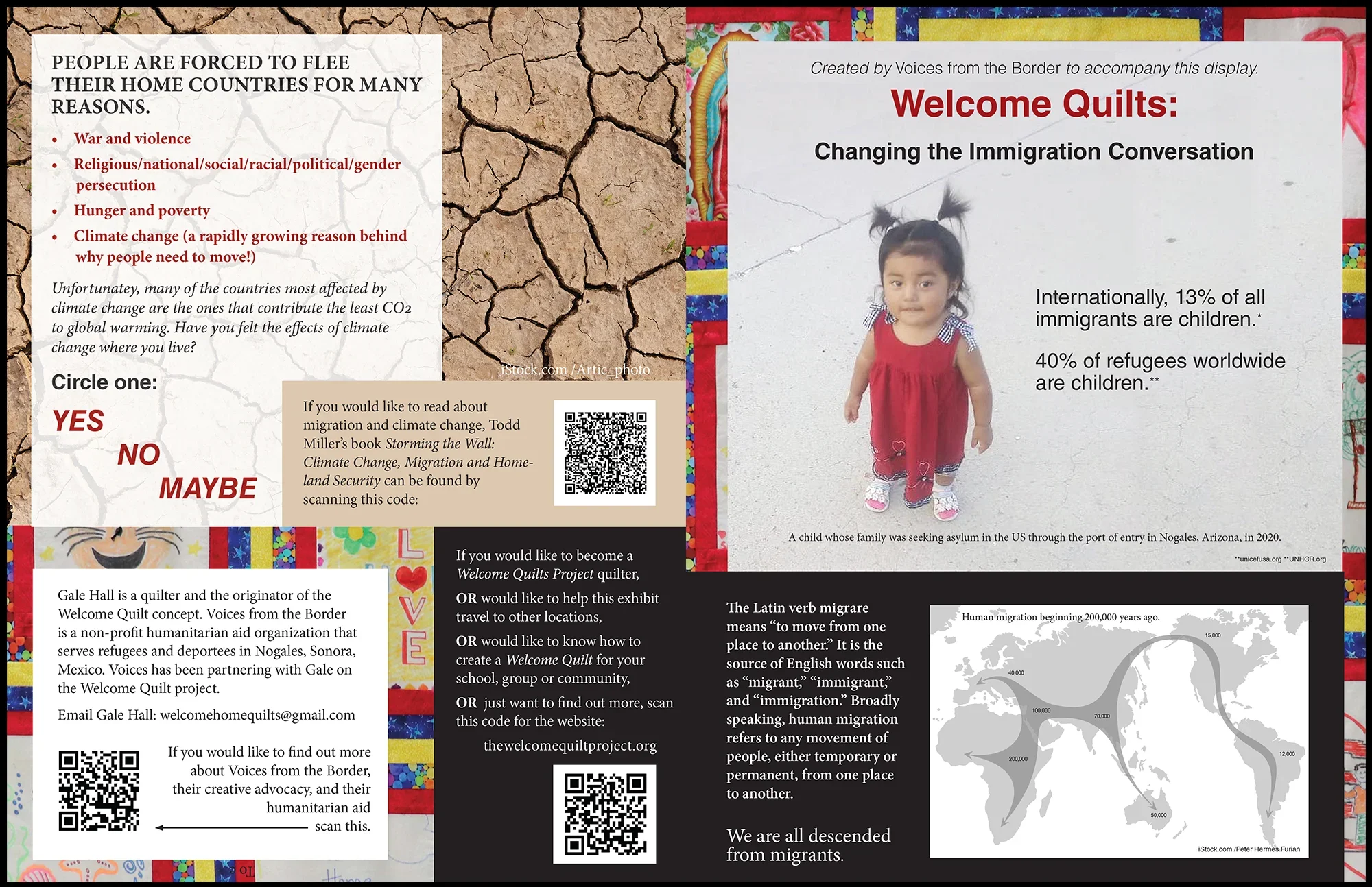 A colorful display board with various sections about immigration, climate change, and refugee issues. It includes a photo of a young girl in a red dress, information about Welcome Quilts, and QR codes for further reading. The background features textured cracked earth and multicolored borders with hearts and stars.
