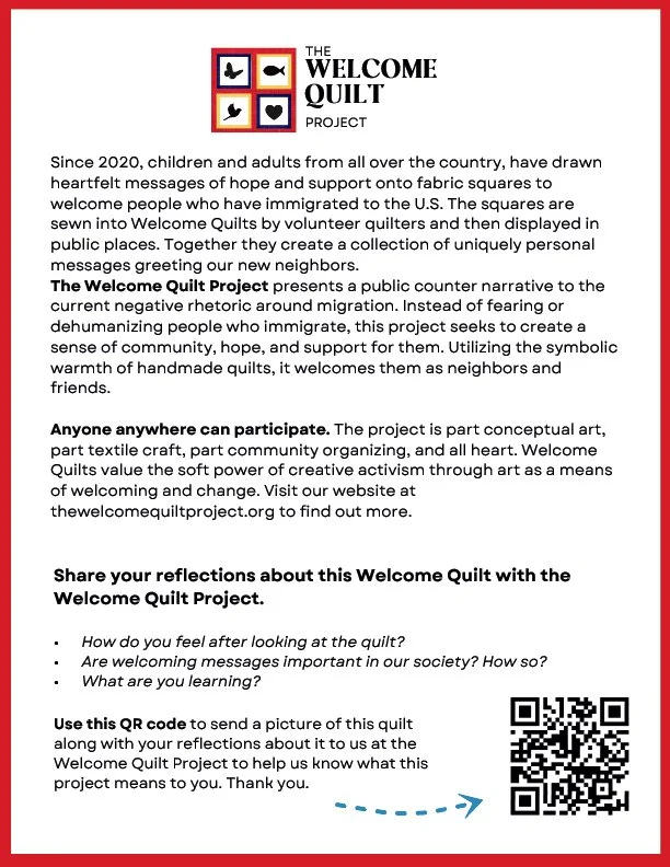 Information page for The Welcome Quilt Project explaining its purpose and how to participate, with a QR code for sharing reflections.