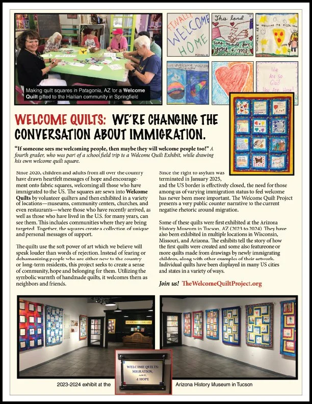 Image of a poster promoting an art exhibit titled 'WELCOME QUILTS,' which features quilts and stories about immigration, displayed in an Arizona history museum. The poster includes images of quilt art, a description of the project, and photos of quilt displays.