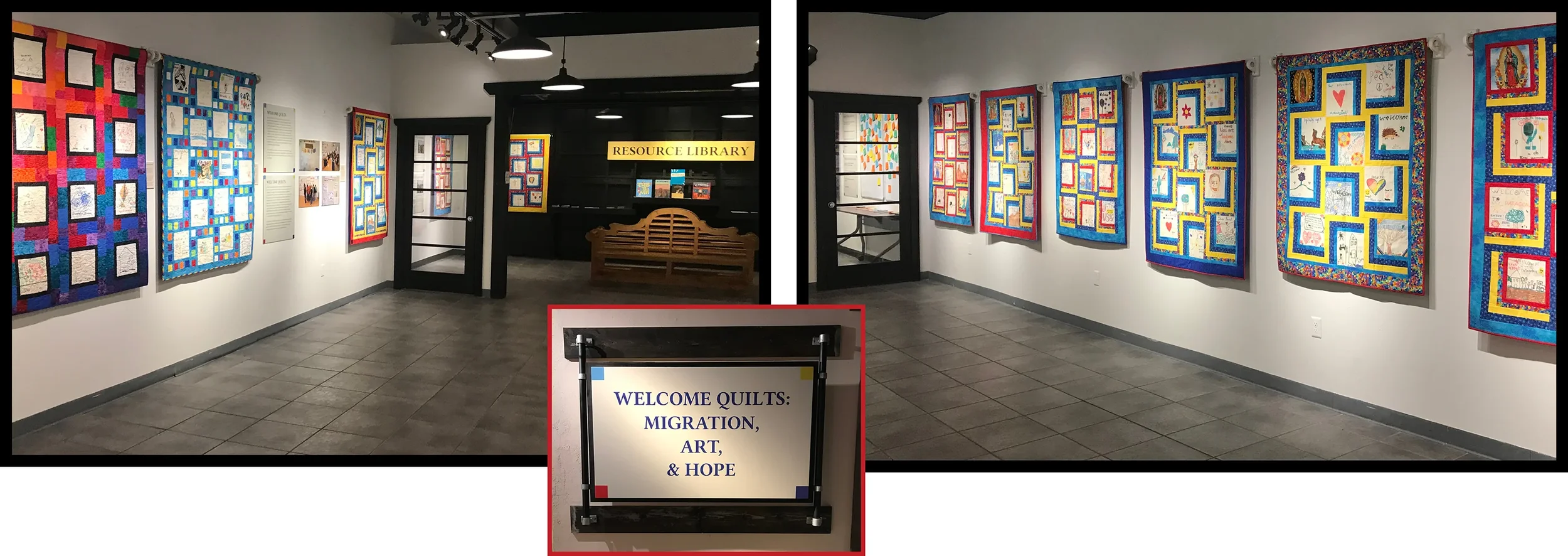 Exhibition of colorful quilts on white walls at a resource library with a sign that reads 'RESOURCE LIBRARY'. A welcome sign at the entrance says, 'WELCOME QUILTS: MIGRATION, ART, & HOPE'.