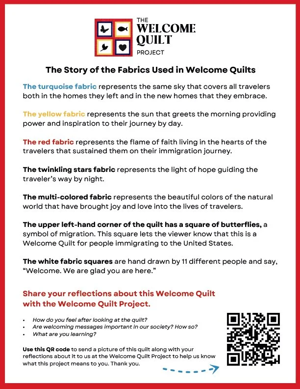 Informational poster about Welcome Quilts project, explaining fabric symbolism and encouraging reflections through a QR code.