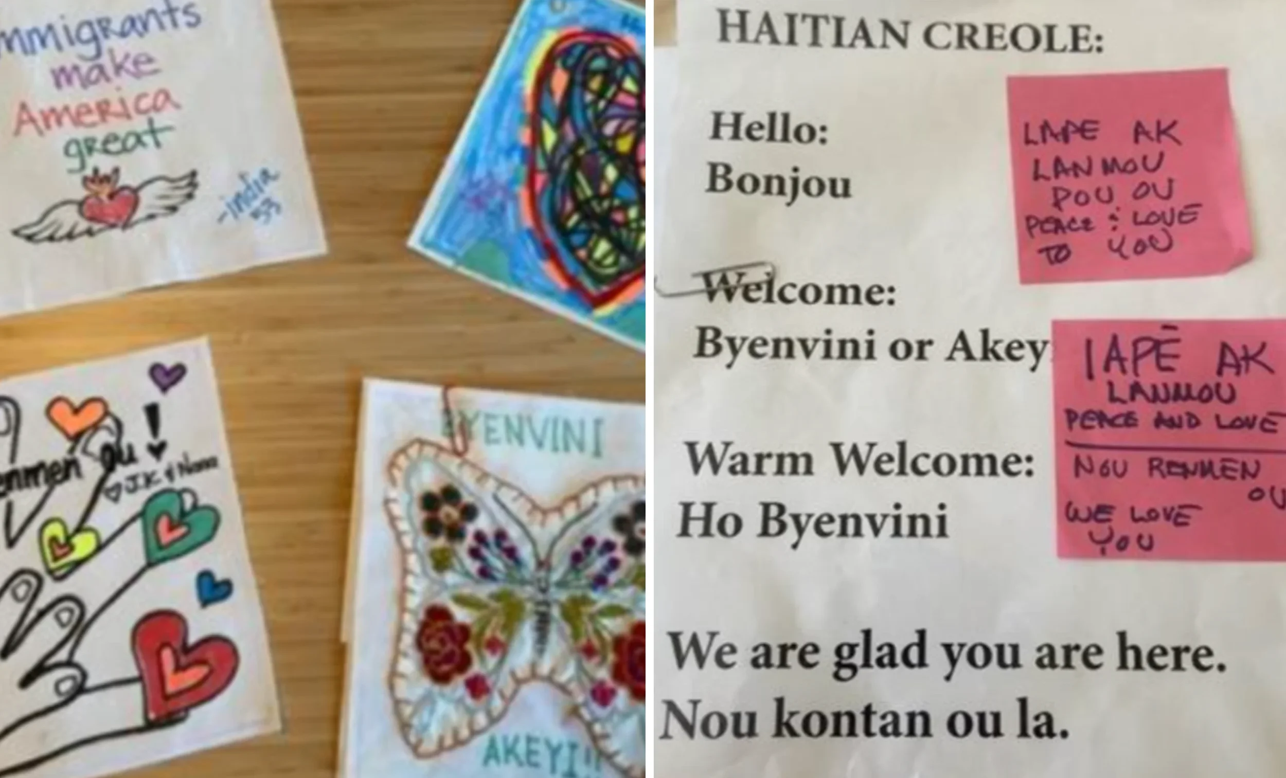 Various colorful drawings and handwritten notes about Haiti and other themes are displayed on paper, including a rainbow-colored heart, hearts with smiley faces, and messages of welcome and love.