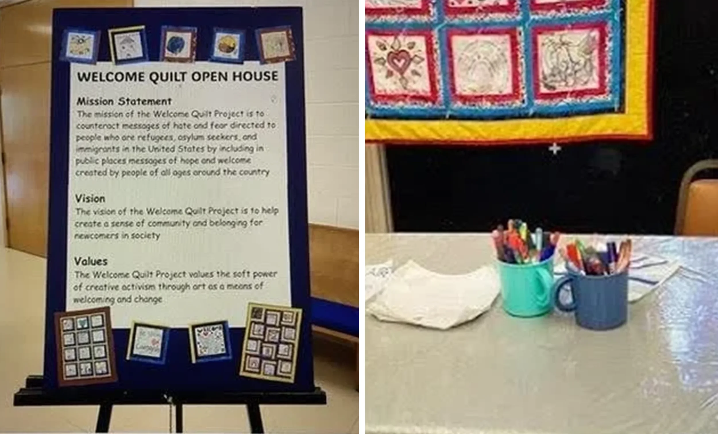 A colorful quilt displayed on the right and a welcome quilt open house poster on the left. The poster includes a mission statement, vision, and values of the Welcome Quilt Project, with small quilt images and QR codes at the bottom.