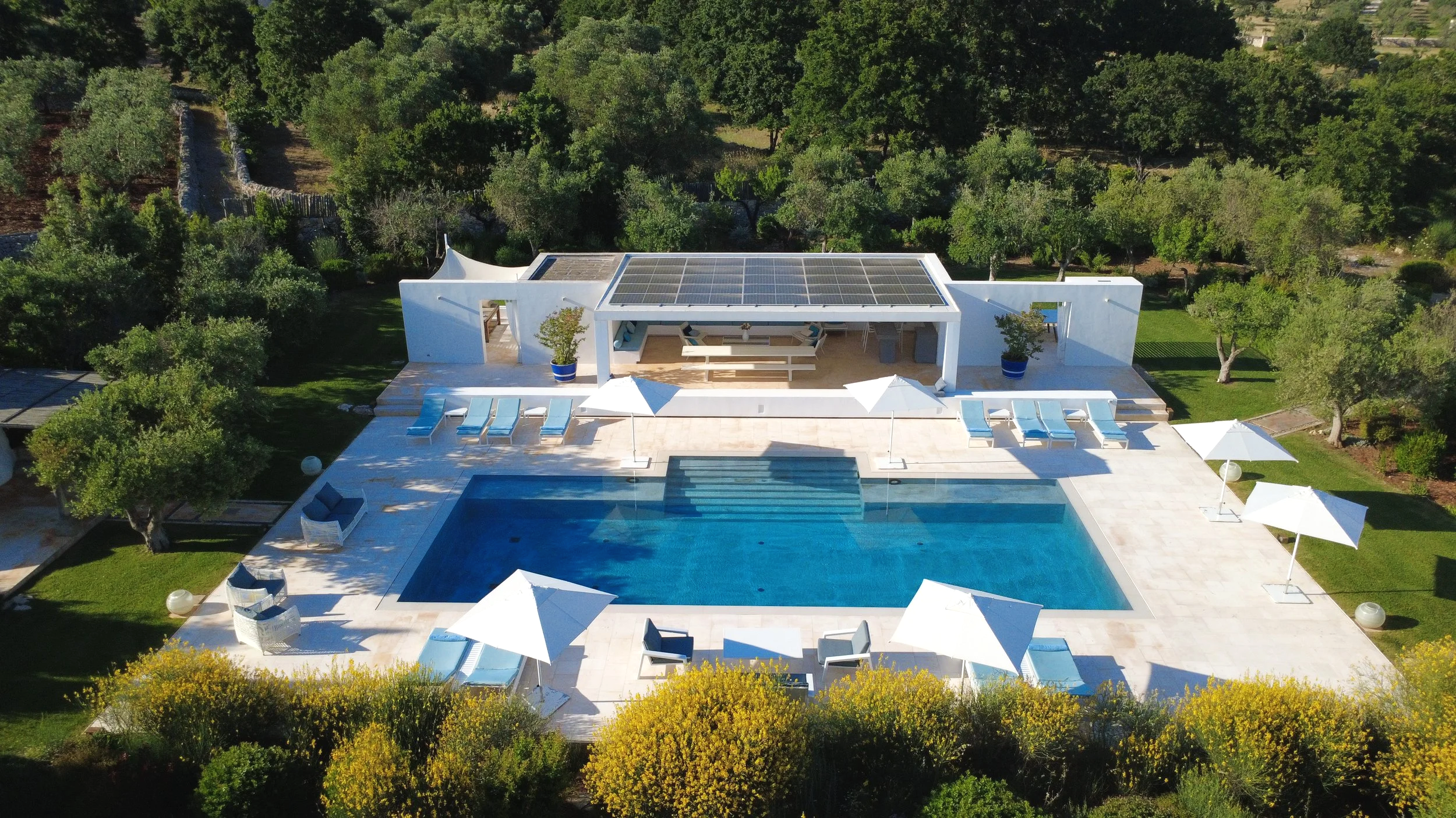 villa moderne blanche avec piscine extérieure, parasols et chaises longues, entourée de végétation verdoyante