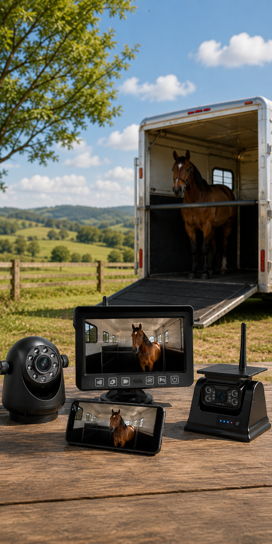 A brown horse standing inside a horse trailer with an open ramp, outdoors with green hills and trees in the background. There are surveillance and communication devices on a wooden table in the foreground, capturing the horse inside the trailer.
