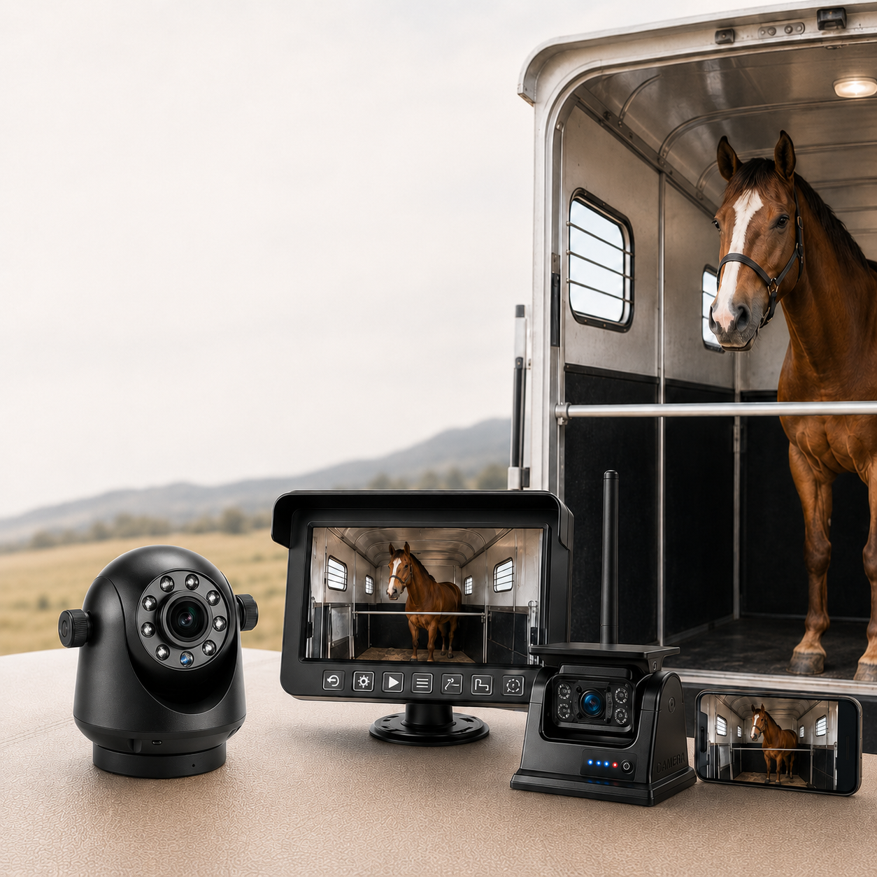 A horse inside a trailer being monitored by multiple security cameras and a tablet display showing the horse inside the trailer, with a landscape of fields and mountains in the background.
