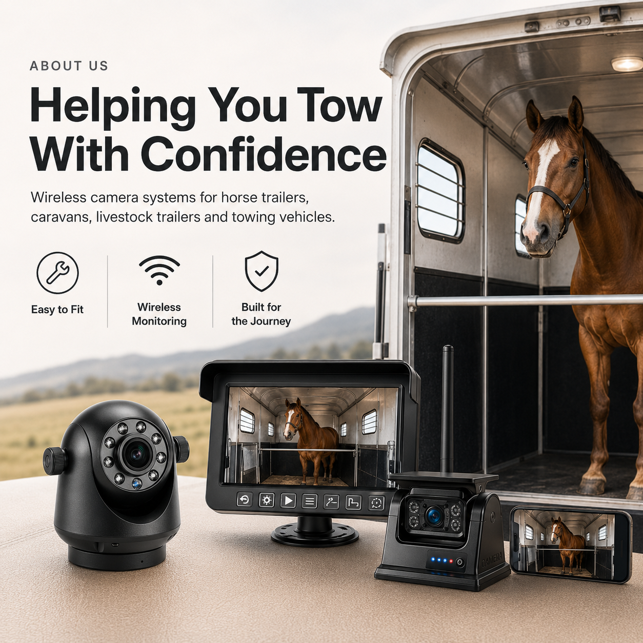 An advertisement featuring wireless camera systems for horse trailers, caravans, livestock trailers, and towing vehicles, with a horse inside a trailer and various cameras and monitors displayed.